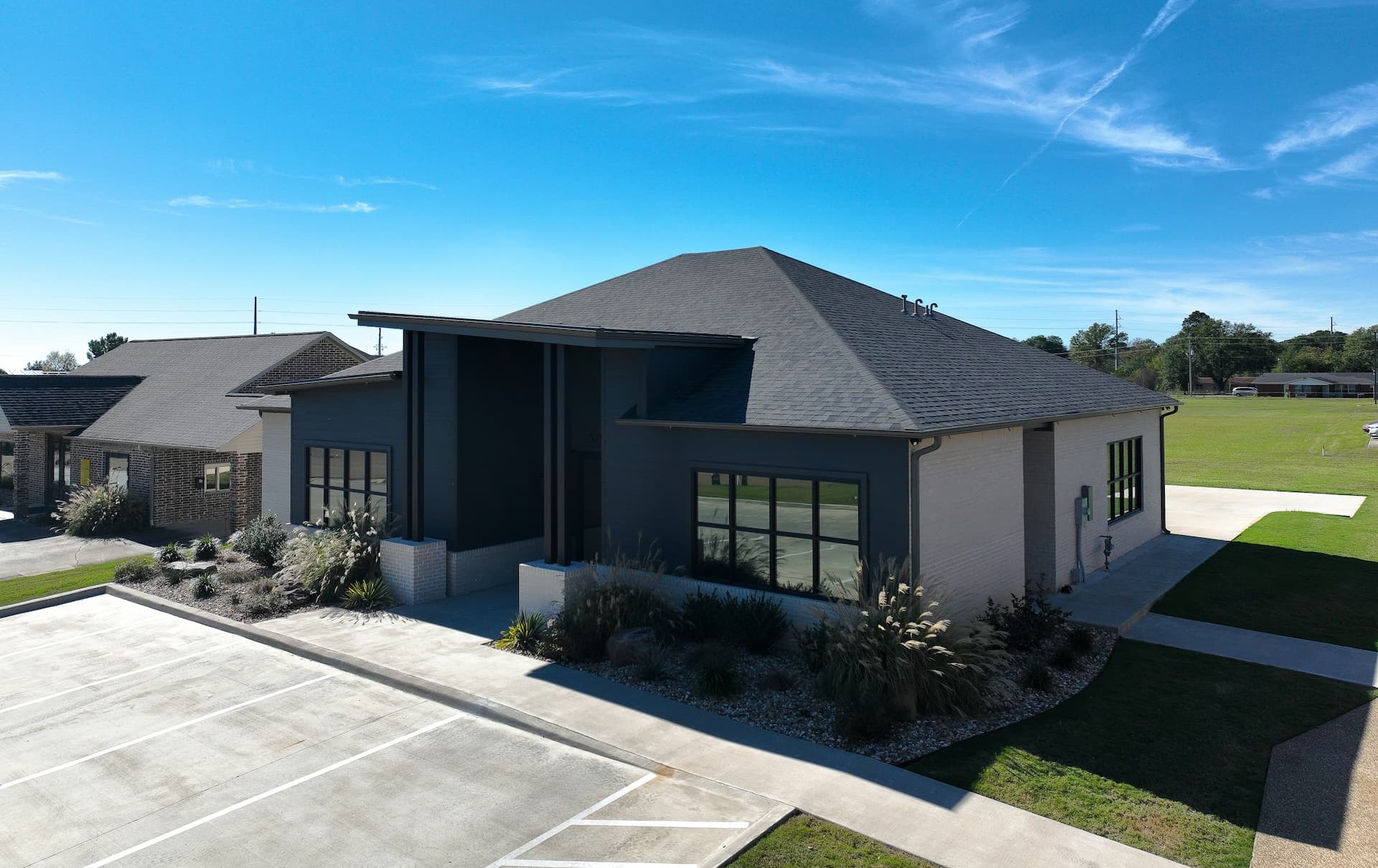 Brick home with black accents